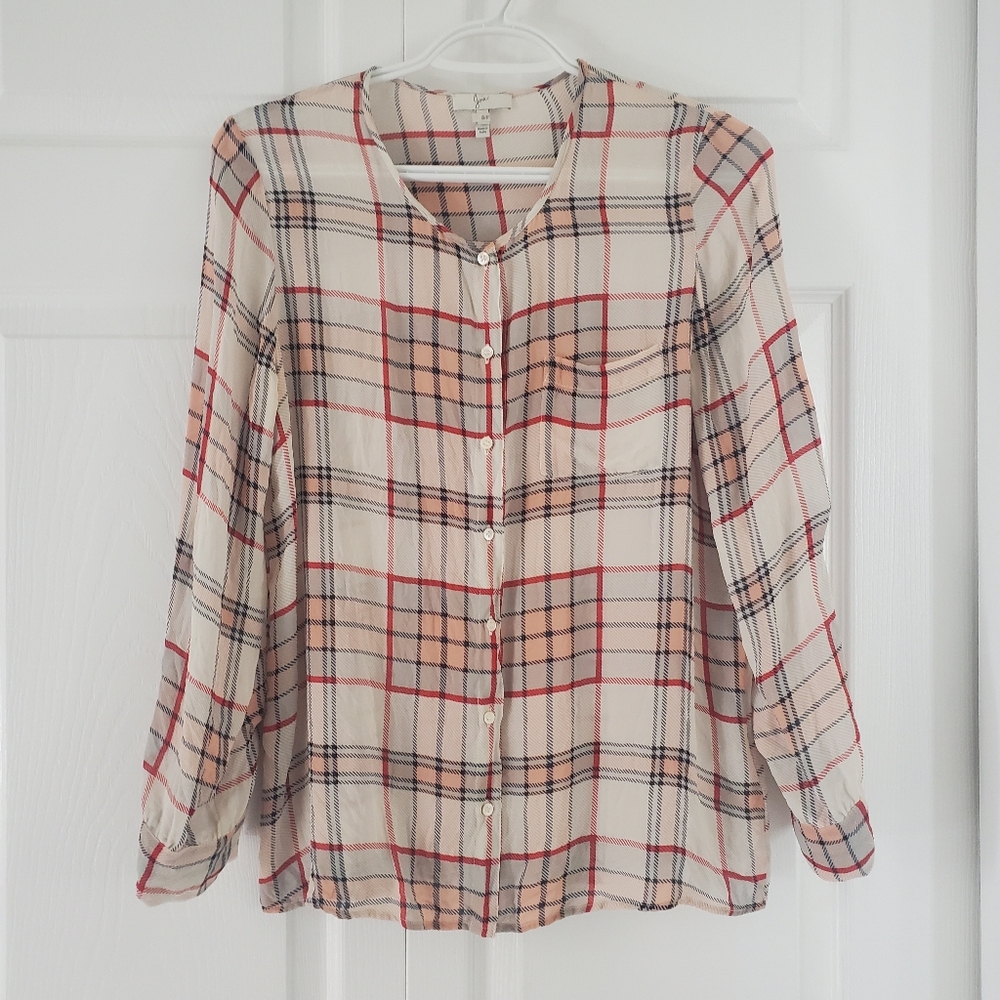 Joie silk plaid button up long sleeve blouse / top